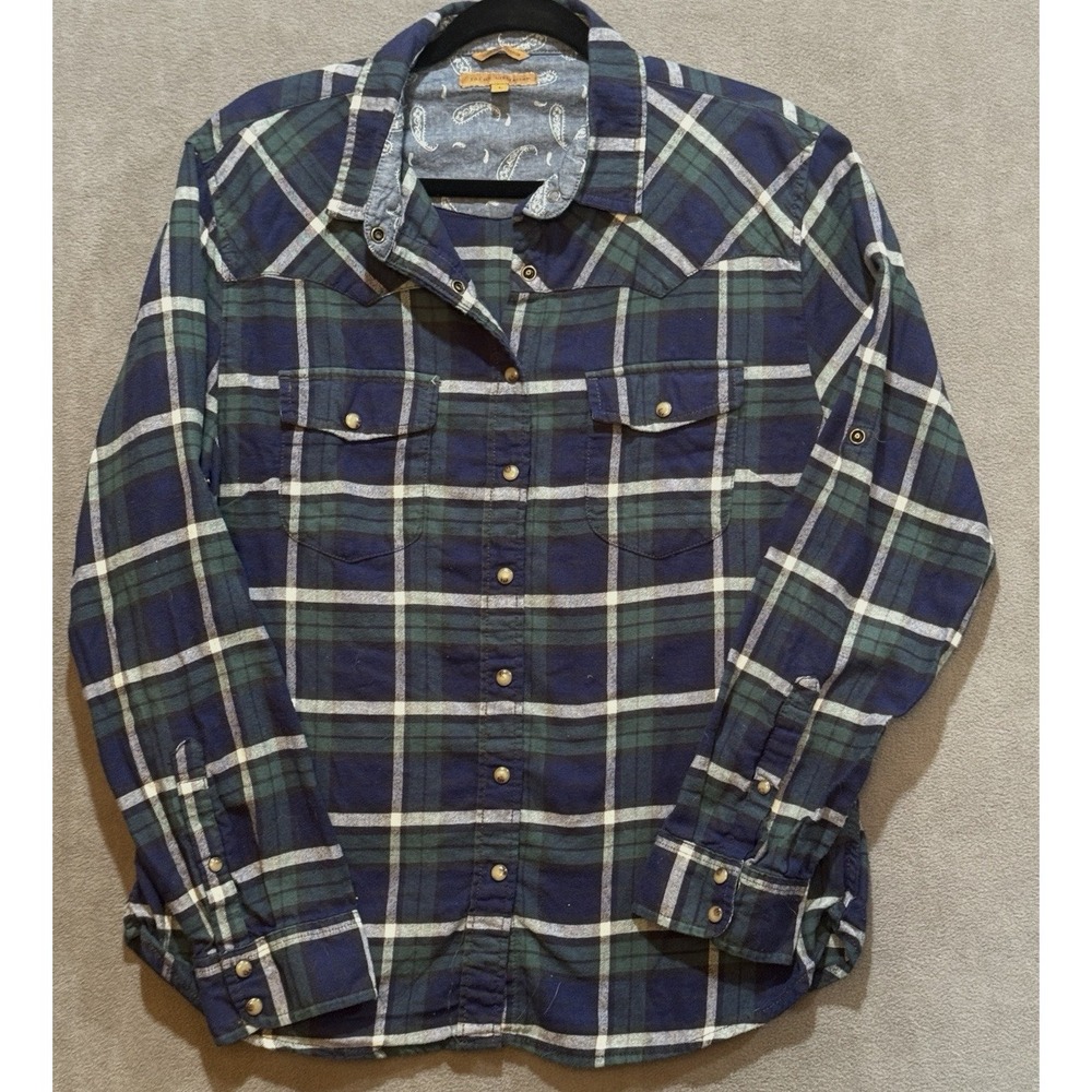 Jachs Girlfriend Womens Flannel Shirt Navy‎ Green Plaid Western Snap Large L
